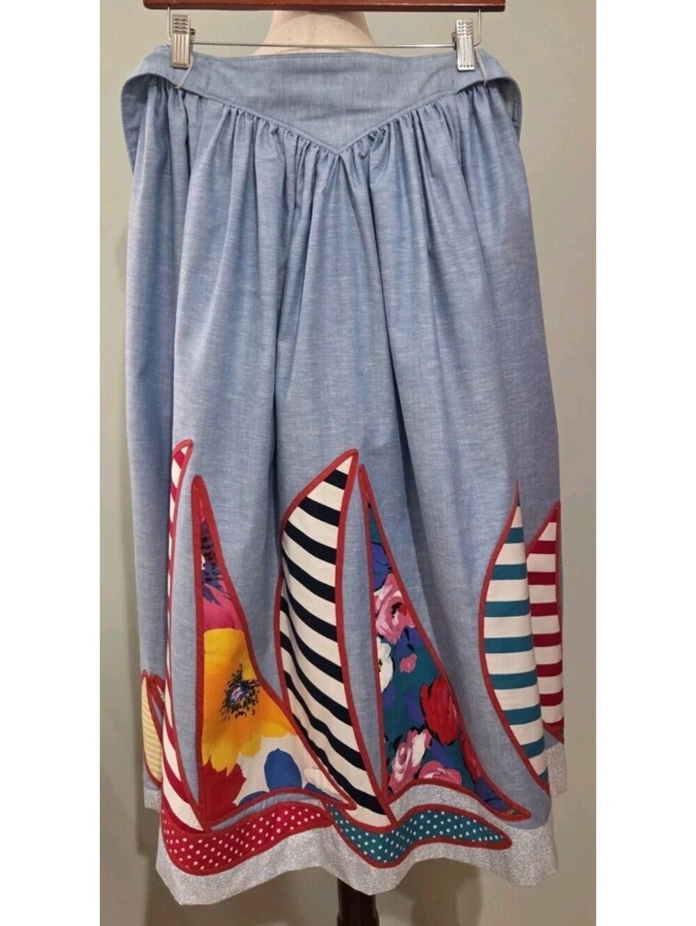 Vicki Lynn Bardon Suttles And Seawinds Chambray Midi Skirt Sailboat Vintage Blue